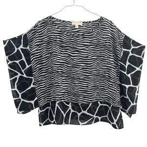 Michael Kors Black White Giraffe Zebra Kimono Sleeve Flutter Top Blouse L XL